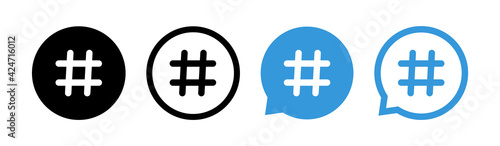 Hashtag in bubble icon isolated on white background. Communication concept. Social media symbol. Vector Illustration.