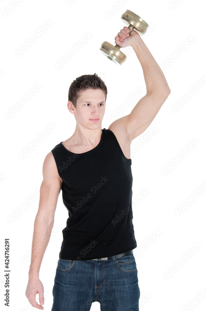 Portrait of a healthy young man doing exercise with dumbbell against white background Portrait of a healthy young man doing exercise with dumbbell against white background