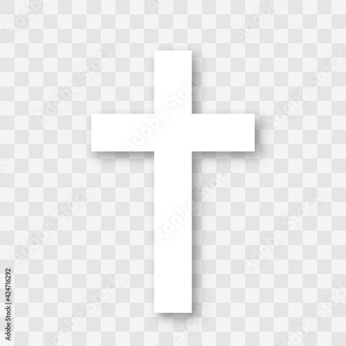 Line art white christian cross. Christian cross vector sign with shadow isolated on transparent background. Vector illustration.