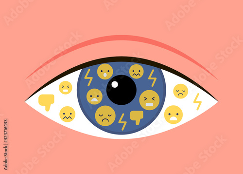 Eye reflect bad emotion bully, dislike, mockery online social media. Sad emoji. Problem harassment, cyber bulling, victim and troll. Vector flat illustration