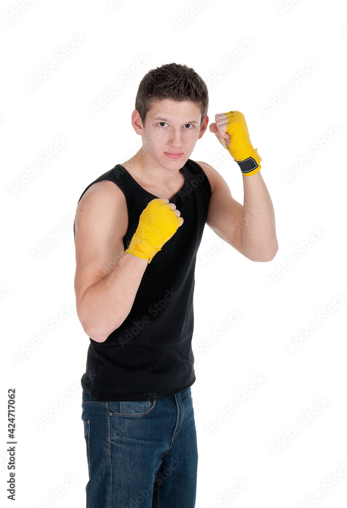 Healthy man throwing a punch and wearing training wraps on a white background Healthy man throwing a punch and wearing training wraps on a white background