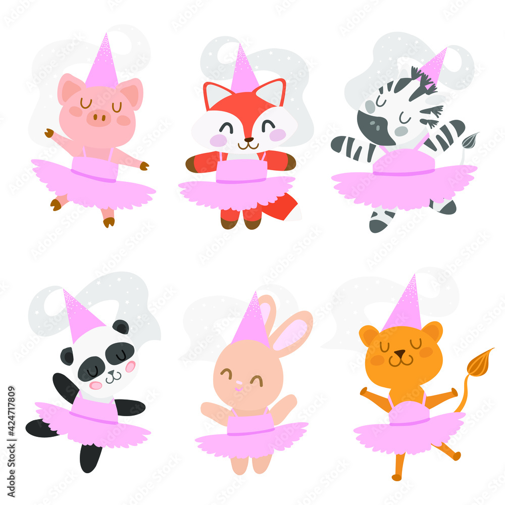 six animal kids in ballet on the white background Stock Vector | Adobe Stock