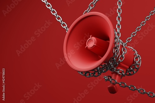 Red Megaphone with silver wiggle chain 3D rendering, Protest against dictatorship threaten censored press concept poster and social banner horizontal design background with copy space