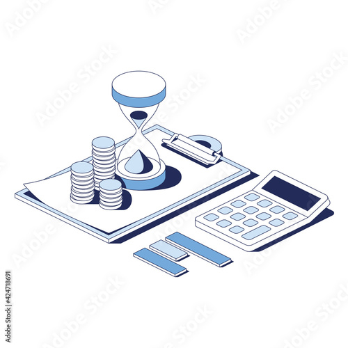 Investment finance, agreement document, coins money, calculator. Vector 3d line isometric, web icons, blue color. Creative design idea for infographics.