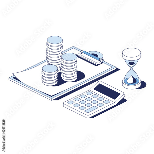 Credit money coins, hourglass, calculator. Vector 3d line isometric, web icons, blue color. Creative design idea for infographics.