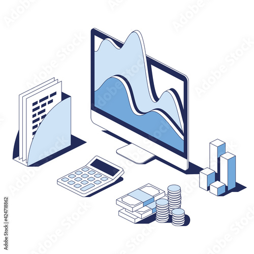 Graphs and charts on the computer screen, documents, report, finance, calculator. Vector 3d line isometric, web icons, blue color. Creative design idea for infographics.
