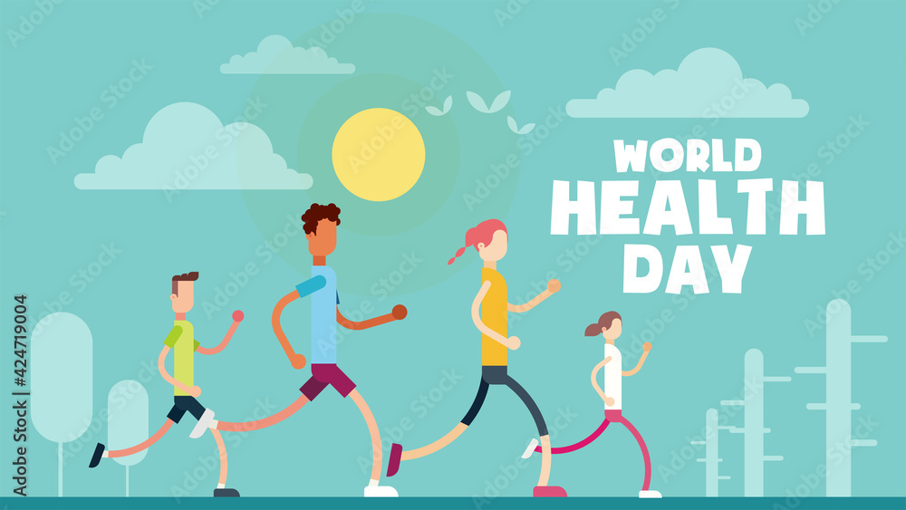 World Health Day poster, 7 April, people running in park, morning walk illustration vector
