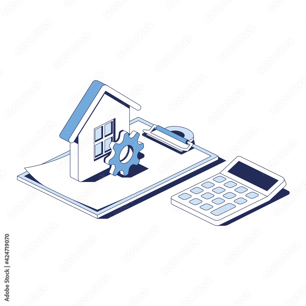 House gear cog, contract document, calculator. Vector 3d line isometric, web icons, blue color. Creative design idea for infographics. House gear cog, contract document, calculator. Vector 3d line isometric, web icons, blue color. Creative design idea for infographics.