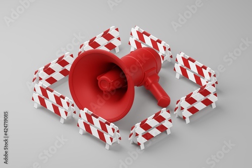 Red Megaphone with partition barrier 3D rendering, Protest against dictatorship threaten censored press concept poster and social banner horizontal design background with copy space