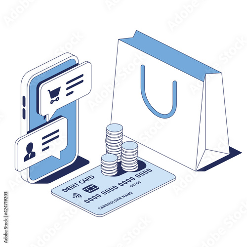 Store messenger chat, purchase package, credit card. Vector 3d line isometric, web icons, blue color. Creative design idea for infographics.