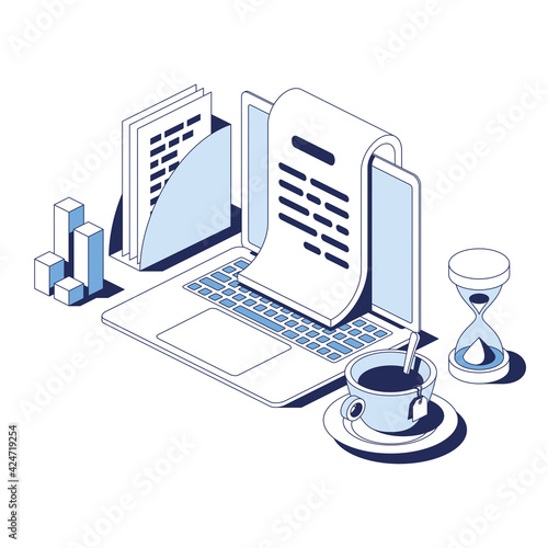 Document contract, notebook text, schedule, cup of tea and hourglass time. Vector 3d line isometric, web icons, blue color. Creative design idea for infographics.