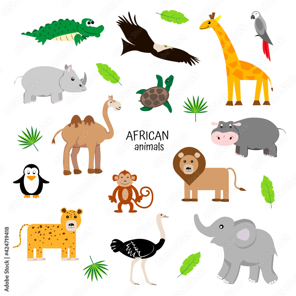 Fototapeta premium african animals set . Zoology for children. Camel, elephant, rhino, crocodile, parrot, hippo, jaguar, penguin, turtle, ostrich, eagle.