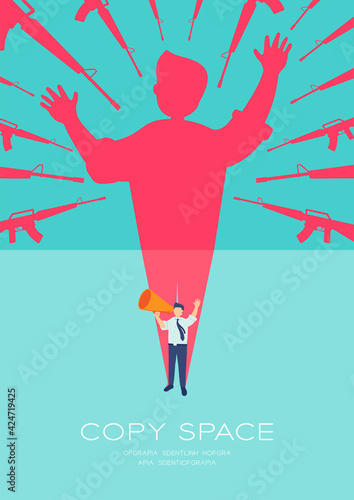 Businessman speech with Megaphone and gun shadow threaten, Press protest against dictatorship concept poster and social banner vertical design illustration isolated on blue background, vector eps 10