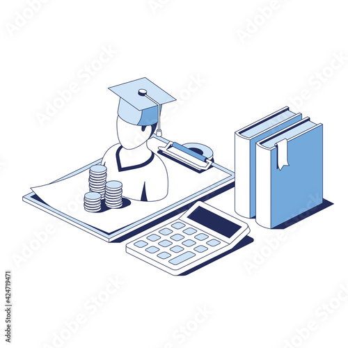 Spending money coins, tuition fees, calculating the budget, student books. Vector 3d line isometric, web icons, blue color. Creative design idea for infographics.