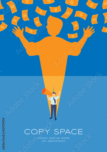 Businessman speech with Megaphone and money shadow, Press protest against dictatorship concept poster and social banner vertical design illustration isolated on blue background, vector eps 10