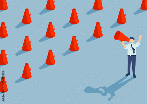 Businessman speech with Megaphone isometric seamless pattern, Press protest labor union concept poster and social banner design illustration isolated on blue background, vector eps 10, copy space