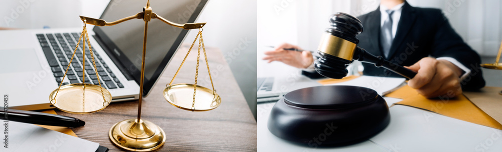 Business and lawyers discussing contract papers with brass scale on desk in office. Law, legal services, advice, justice and law concept picture with film grain effect Business and lawyers discussing contract papers with brass scale on desk in office. Law, legal services, advice, justice and law concept picture with film grain effect
