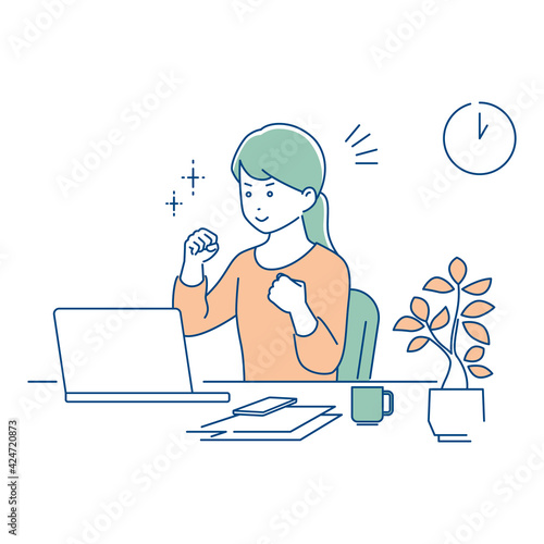 リモートワーク／やる気を出す女性／3色