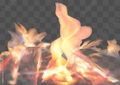 Realistic fire flames set on transparent background. 3D bonfire on transparent background isolated vector illustration.