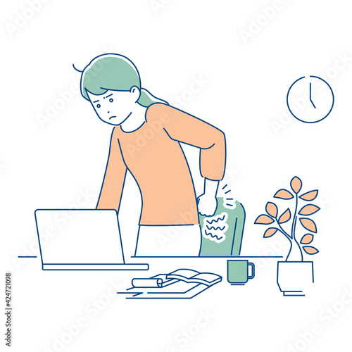 リモートワーク／腰痛の女性／3色