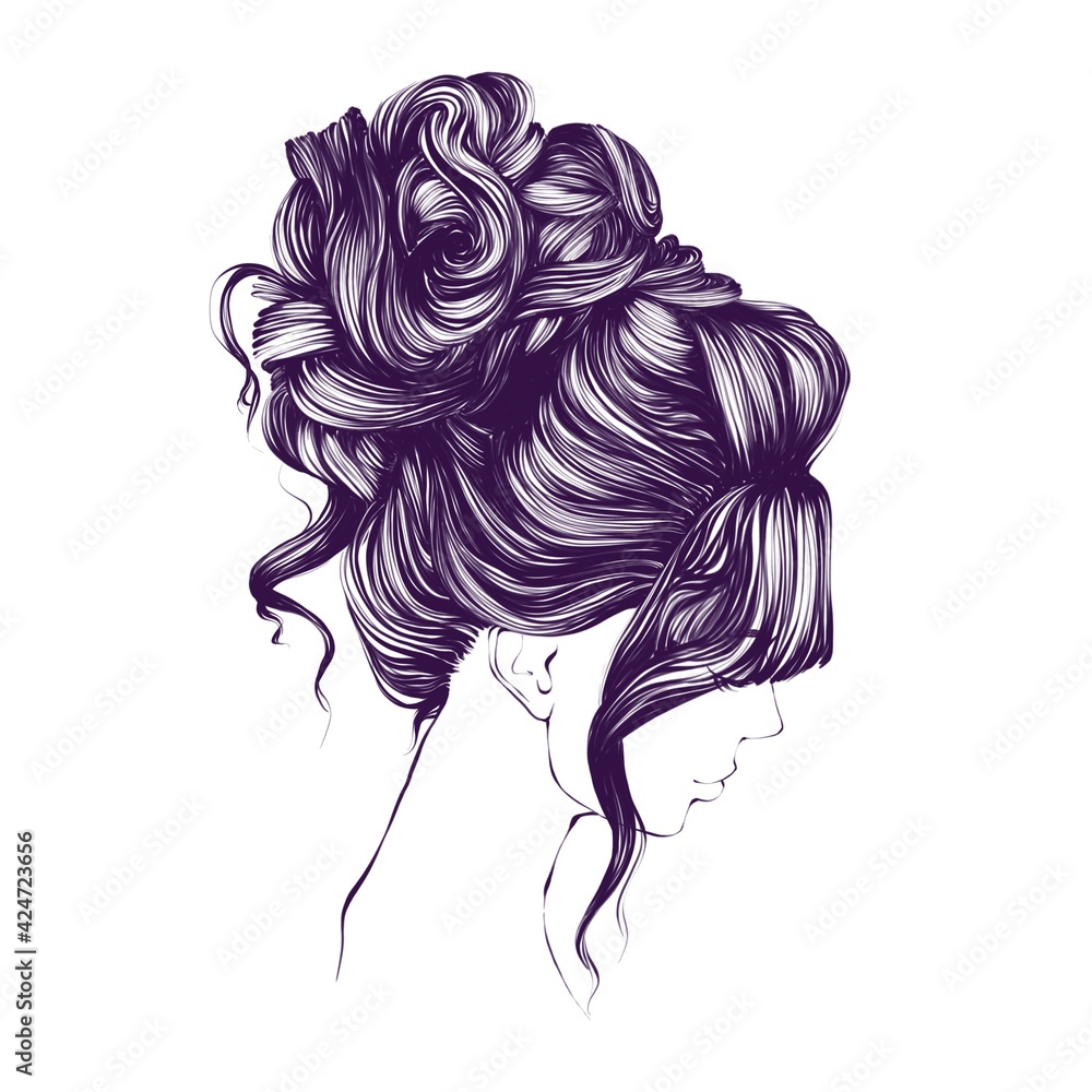 Hand drawing art illustration. Women girl female with long hairs and professional wedding hairstyle.