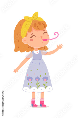 Happy birthday, girl celebrating at party blowing whistle. Cute child with toy in mouth vector illustration. Little kid smiling and standing in dress isolated on white background