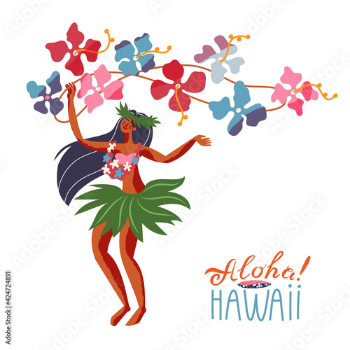 Hawaii aloha, woman dancing in traditional clothing. Tropical summer activity elements. Hawaiian beach vintage travel poster vector illustration. Young girl dancer with flowers on white background