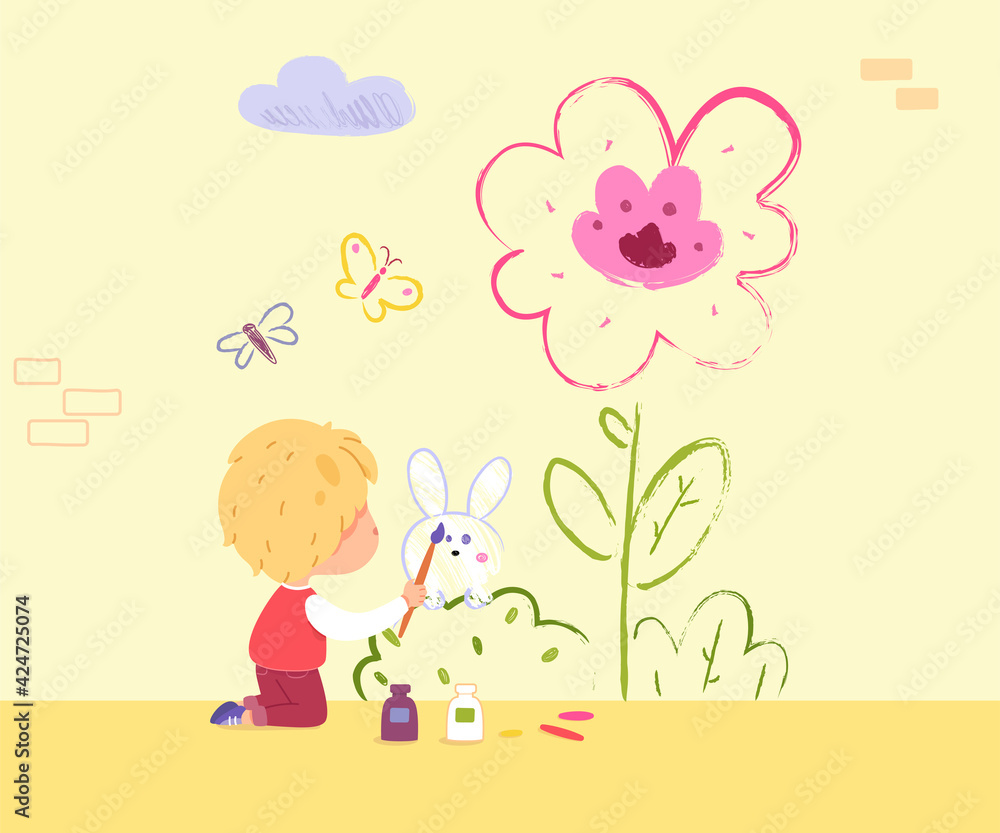 Child painting yellow wall in kindergarten. Kid doing creative art with brushes vector illustration. Little boy drawing pink flower and rabbit with paint Child painting yellow wall in kindergarten. Kid doing creative art with brushes vector illustration. Little boy drawing pink flower and rabbit with paint