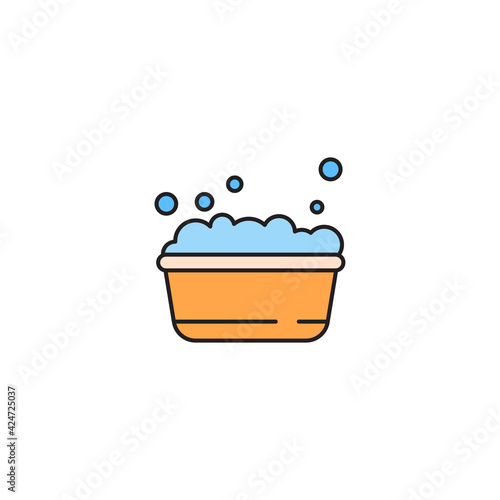 plastic basin with soap suds icon isolated background. Bowl with water. Washing clothes, cleaning equipment. Vector Illustration