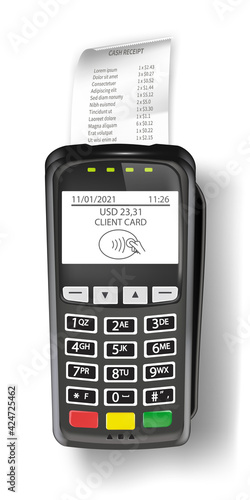 Payment terminal machine for credit card with cash receipt flat lay. Electronic wireless reader for purchases vector illustration. Contactless technology for transactions isolated on white background