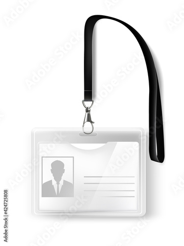 Badge with name or id tag with metal carbineand ribbon. Identification card with photo and information vector illustration. Plastic mock up template for conference event, office employee pass