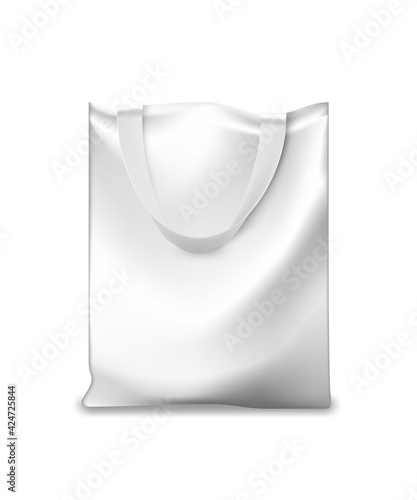 White fabric bag. Blank gift or shopping package with handles from soft textile vector illustration. One realistic commercial store bag mock up isolated on white background