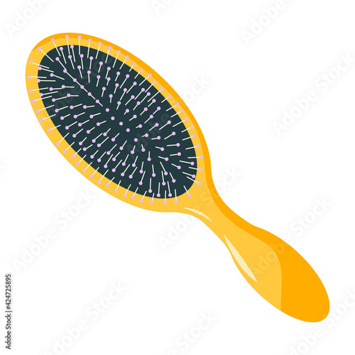 Female yellow hair brush isolated on white background. Hair Care Accessory. Cartoon Flat vector illustration