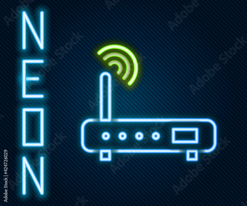 Glowing neon line Router and wi-fi signal icon isolated on black background. Wireless ethernet modem router. Computer technology internet. Colorful outline concept. Vector Illustration