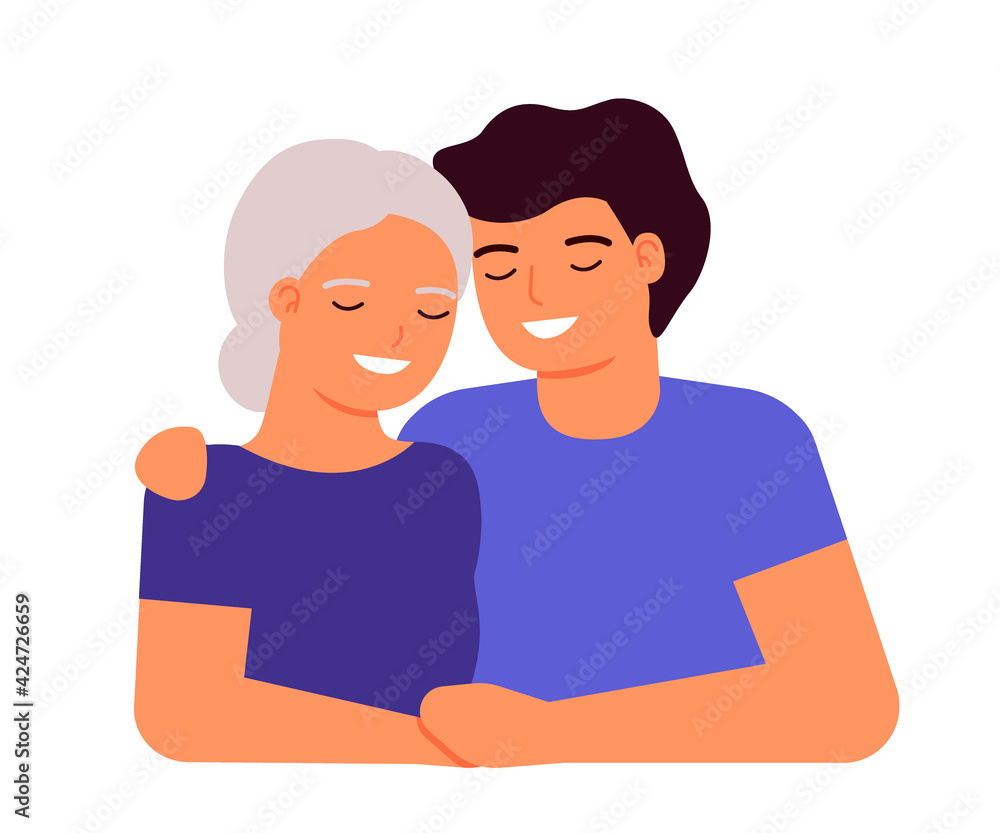 Old senior mother and adult son are hugging. Family love, taking care of grandmother. Mother s day concept. Family understanding, consent, support. Vector flat illustration Old senior mother and adult son are hugging. Family love, taking care of grandmother. Mother s day concept. Family understanding, consent, support. Vector flat illustration