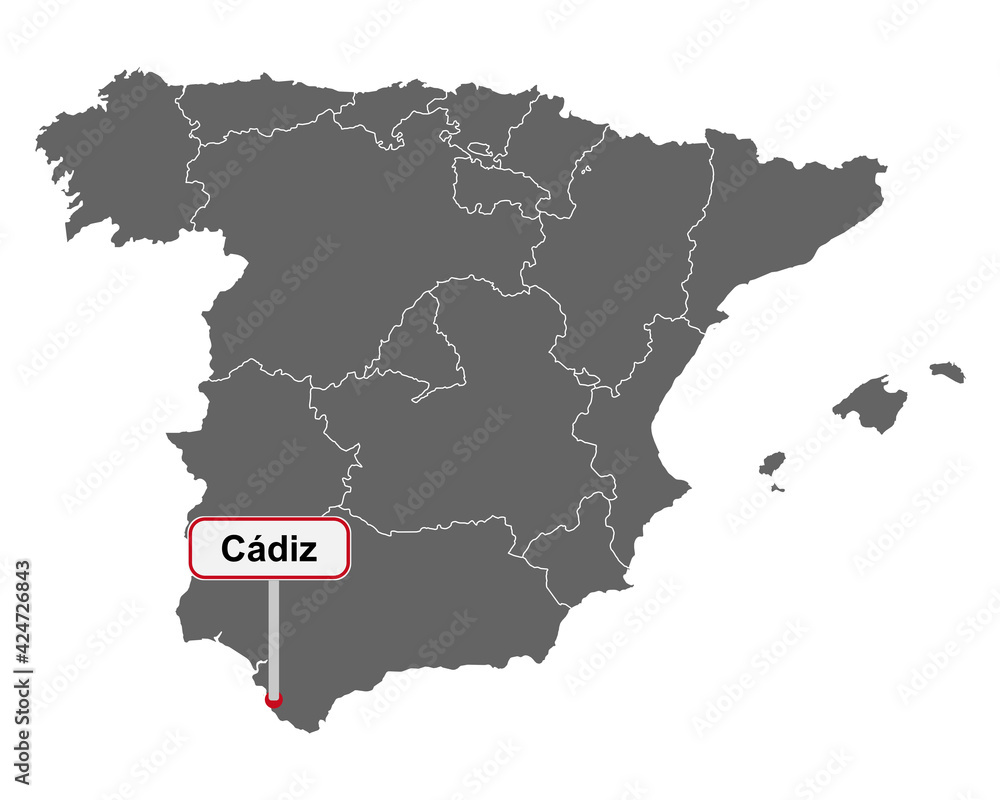 Landkarte von Spanien mit Ortsschild Cadiz