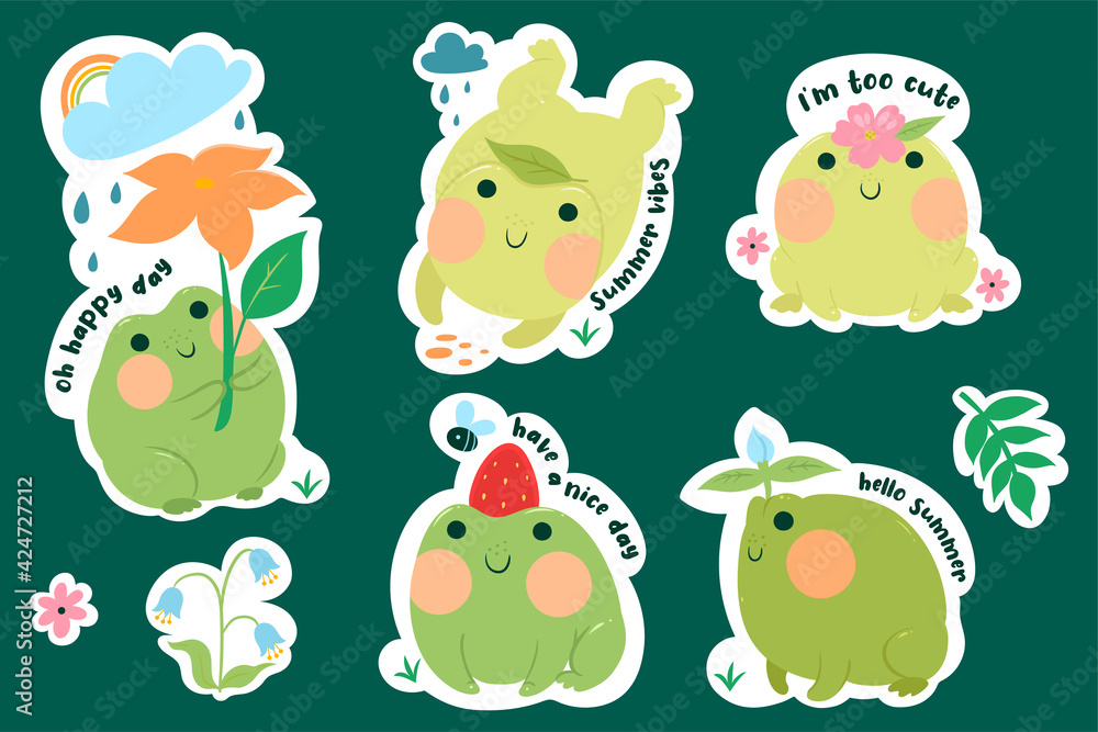 Obraz premium Set of stickers with cute frogs. Vector graphics