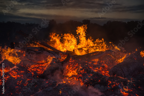 landscape with bonfire, night and hot flame.