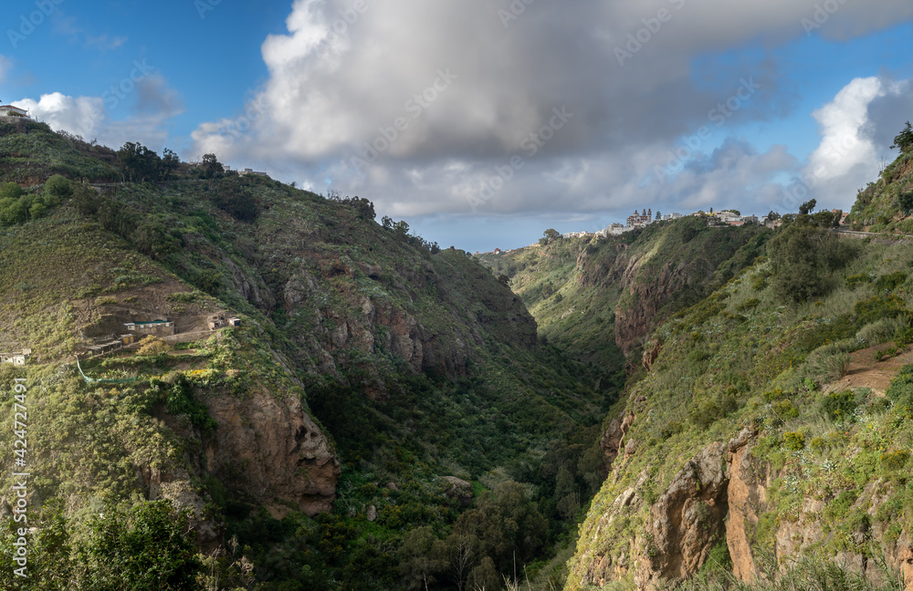 Landscape. View of the Moya ravine with the town of Moya in the background. Gran Canaria. Canary islands