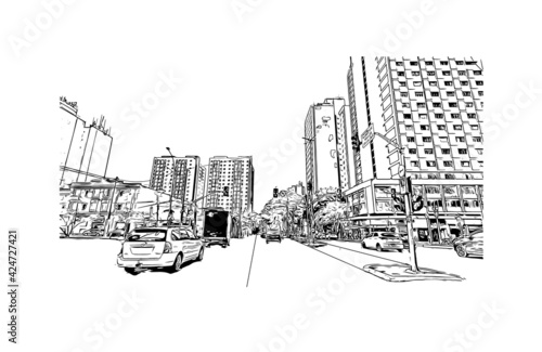 Building view with landmark of Duque de Caxias is the 
city in Brazil. Hand drawn sketch illustration in vector. photo