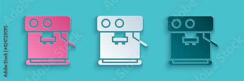 Paper cut Coffee machine icon isolated on blue background. Paper art style. Vector Illustration