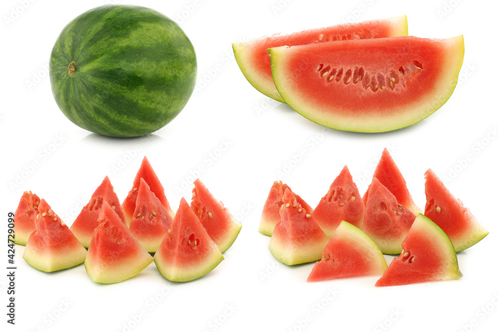 Fresh watermelons and some cut pieces on a white background Fresh watermelons and some cut pieces on a white background