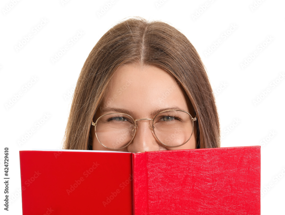 Happy young woman with book on white background Happy young woman with book on white background