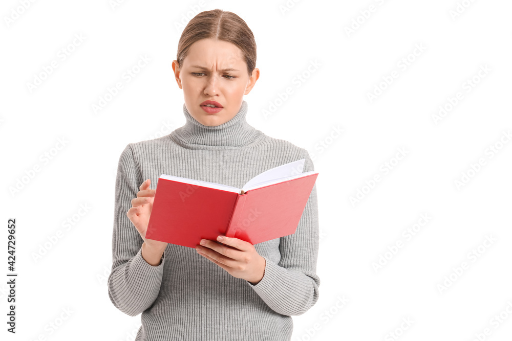 Beautiful young woman reading book on white background Beautiful young woman reading book on white background