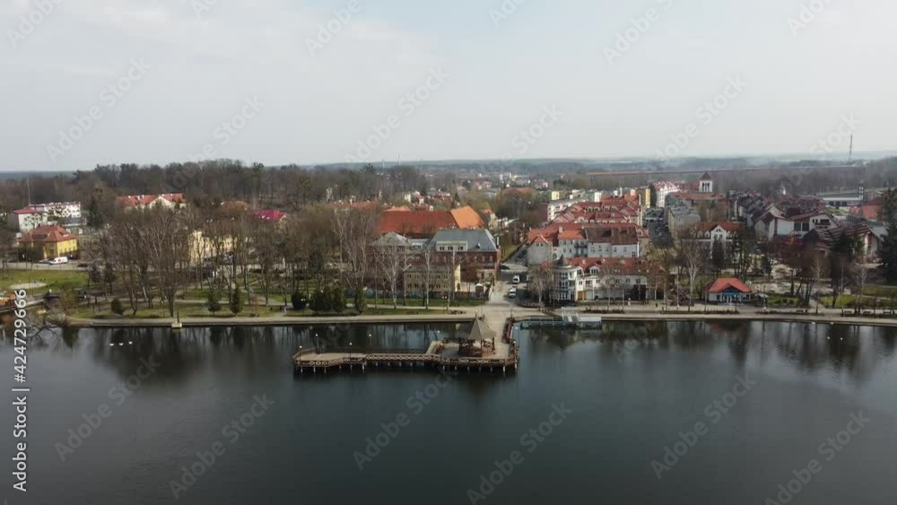 Polish city in Masuria, Ostróda, bird's-eye view of the city by the lake Polish city in Masuria, Ostróda, bird's-eye view of the city by the lake