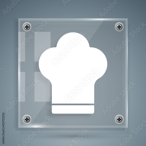 White Chef hat icon isolated on grey background. Cooking symbol. Cooks hat. Square glass panels. Vector Illustration