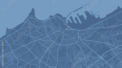 light sky blue vector background map, Casablanca city area streets and water cartography illustration.