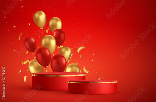 Red podium photo studio room scene. Birthday, party, christmas theme.