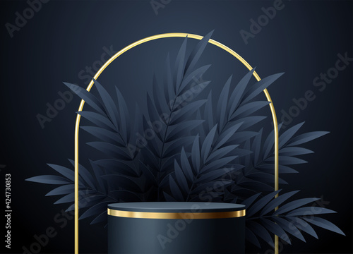 Minimal black scene with geometric shapes and palm leaves. Cylindrical gold and black podium on a black background. 3D stage for displaying a cosmetic product