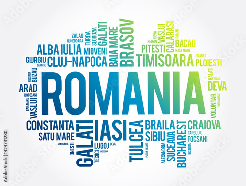 List of cities in Romania word cloud collage, business and travel concept background